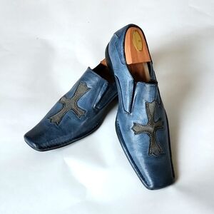 Y2K 10 1/2 mens square toe rocker shoes with cross blue